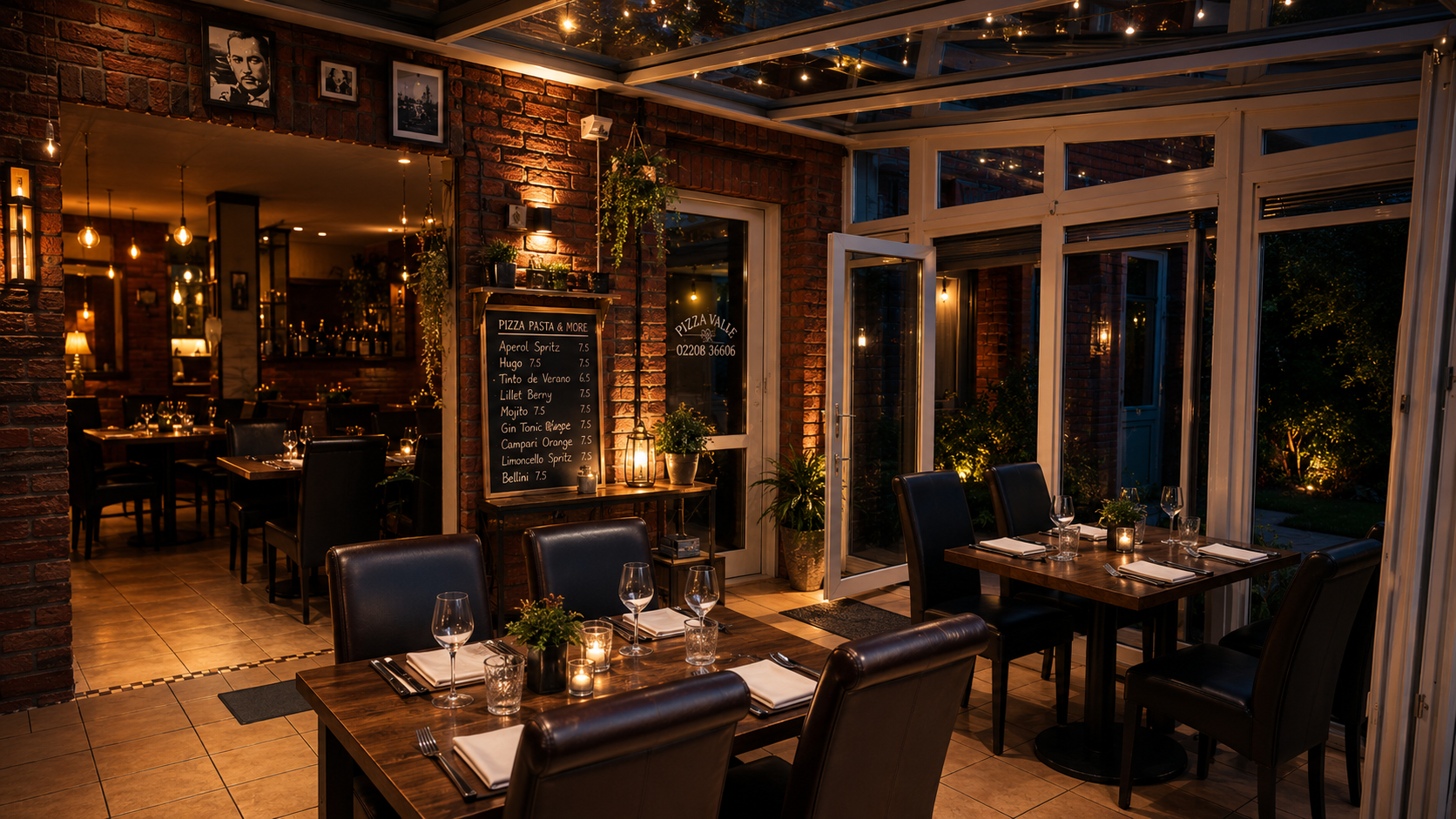Warm IL GUSTO dining room with brick walls and set tables